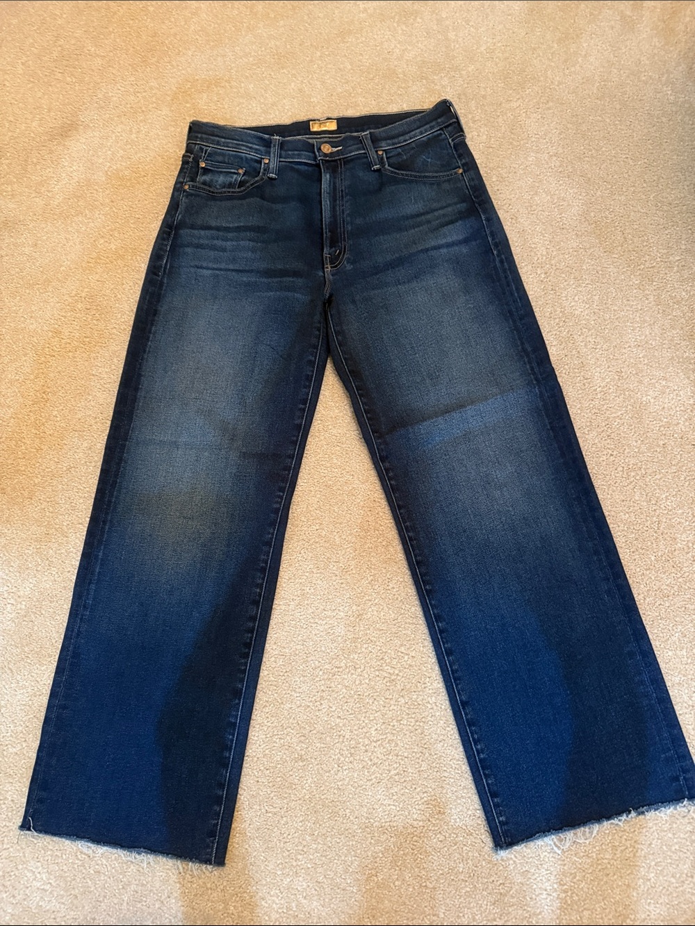 MOTHER Mid Rise Rambler Zip Ankle Fray Dark Blue Wide-Leg Jeans